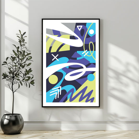 "Experimental Art" – Grafisk serie designet for å fange øyets. Med nyanser av lilla, mint, blått og hvitt, tilbyr denne serien en frisk og dynamisk estetikk som passer perfekt inn i moderne innredningsstiler. Illustrasjonsbilde som viser motivet som plakat i sort ramme.