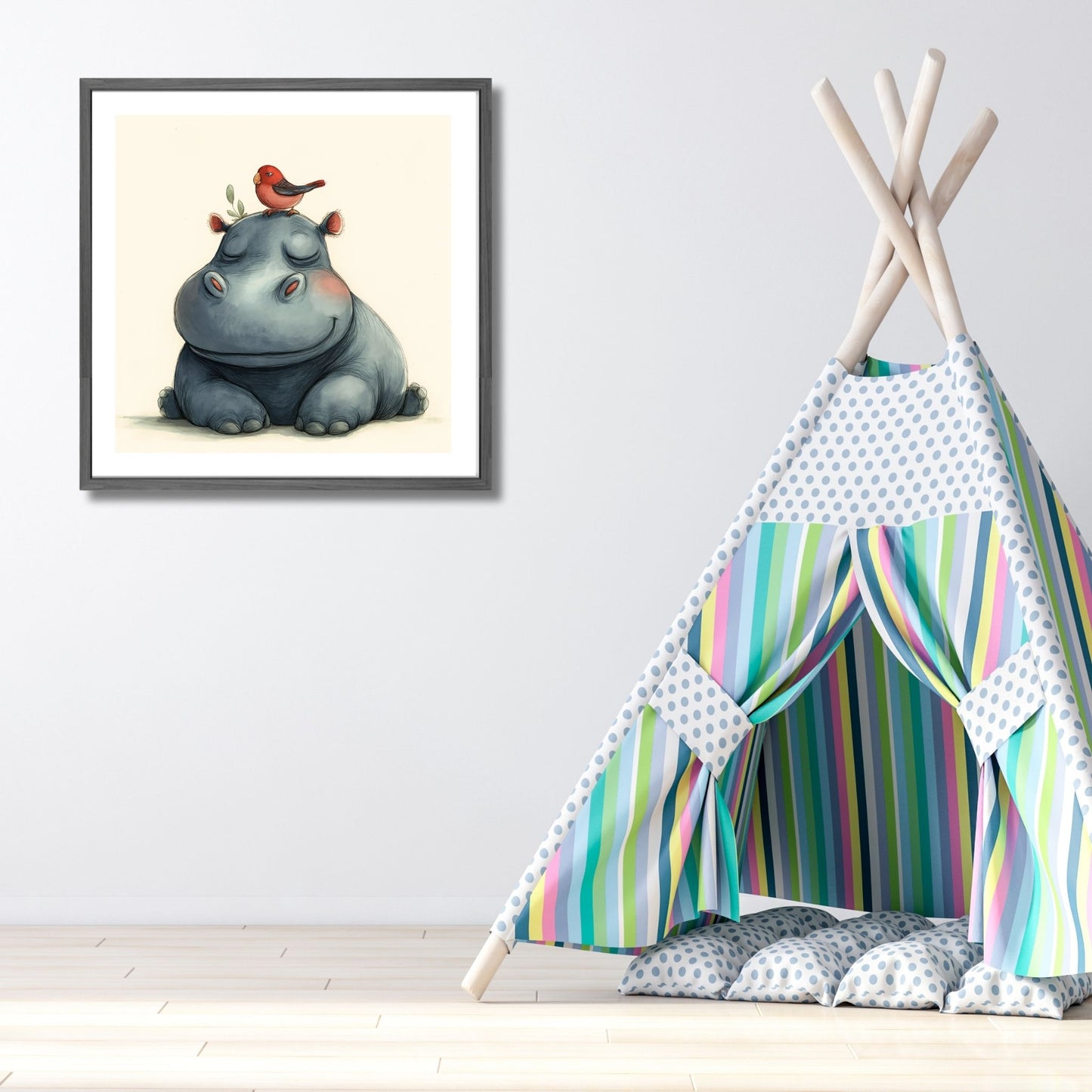 Flodhest - Grafisk illustrasjon - barneplakat. Illustrasjonsbilde viser plakat i ramme på et barnerom.