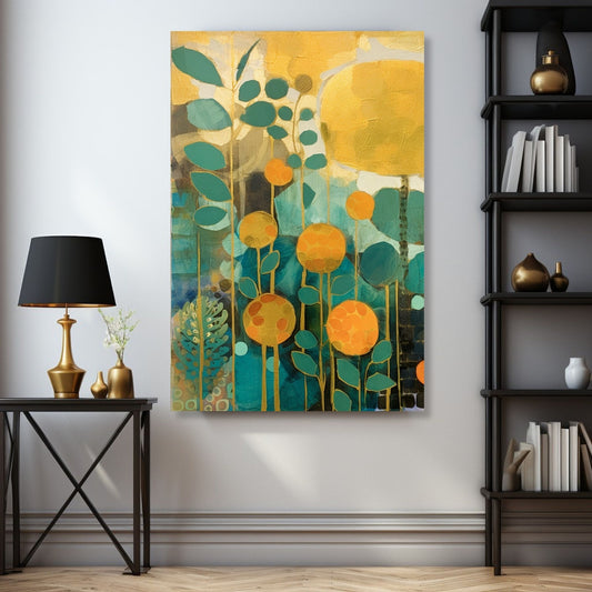 Floral Art No1 - Grafisk akvarell i grønne og oransje fargetoner. Illustrasjonsbilde viser motivet som lerret.