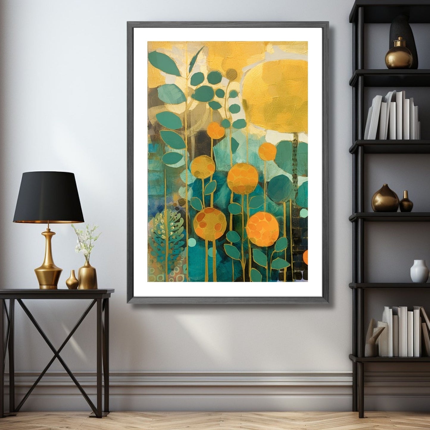 Floral Art No1 - Grafisk akvarell i grønne og oransje fargetoner. Illustrasjonsbildet viser motivet som plakat i en mørk ramme.