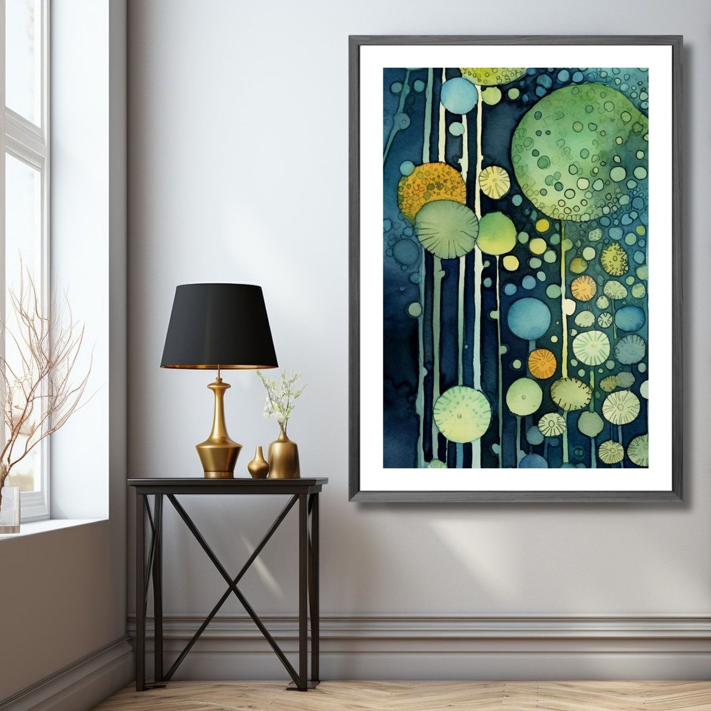 Floral Art No2 - Grafisk akvarell i grønn, lime, blå og oransje fargetoner. Illustrasjonsbilde som viser motiv som plakat i mørk ramme.