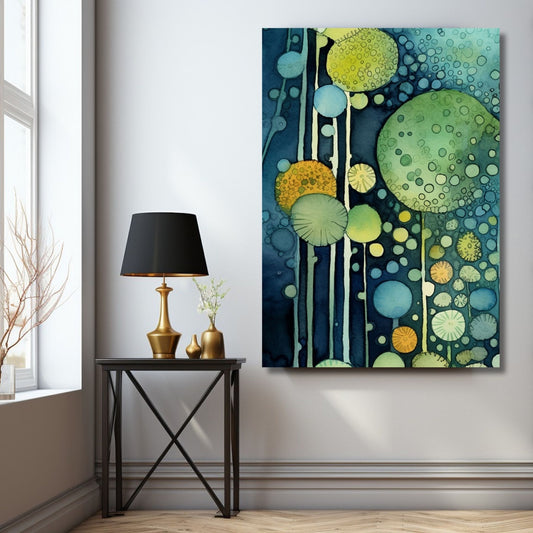 Floral Art No2 - Grafisk akvarell i grønn, lime, blå og oransje fargetoner. Illustrasjonsbilde som viser motivet på lerret.