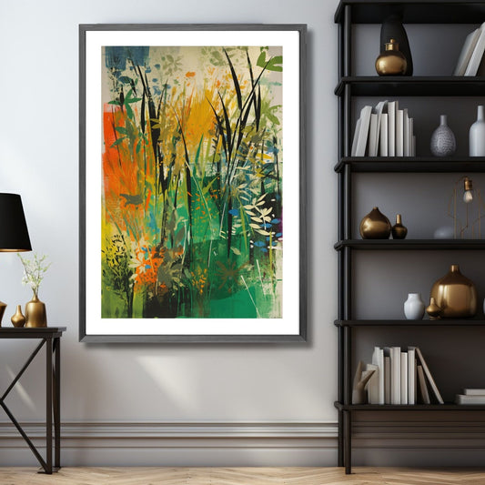 Floral Art No3 - Grafisk maleri i grønn, oransje, gul og beige fargetoner. Plakat og lerret. Illustrasjonsbilde som viser motivet som plakat i mørk ramme.