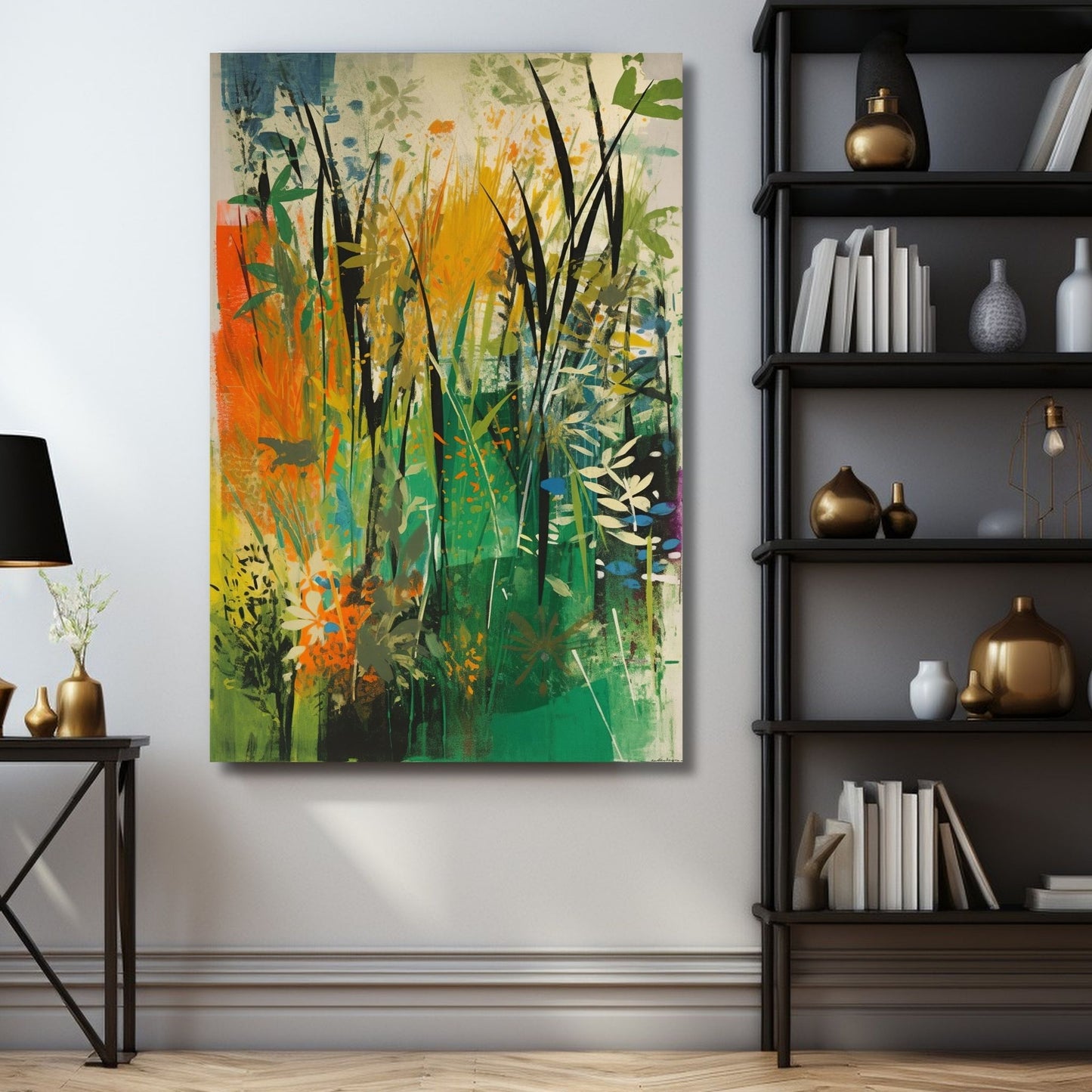 Floral Art No3 - Grafisk maleri i grønn, oransje, gul og beige fargetoner. Plakat og lerret. Illustrasjonsbilde som viser motiv på lerret.