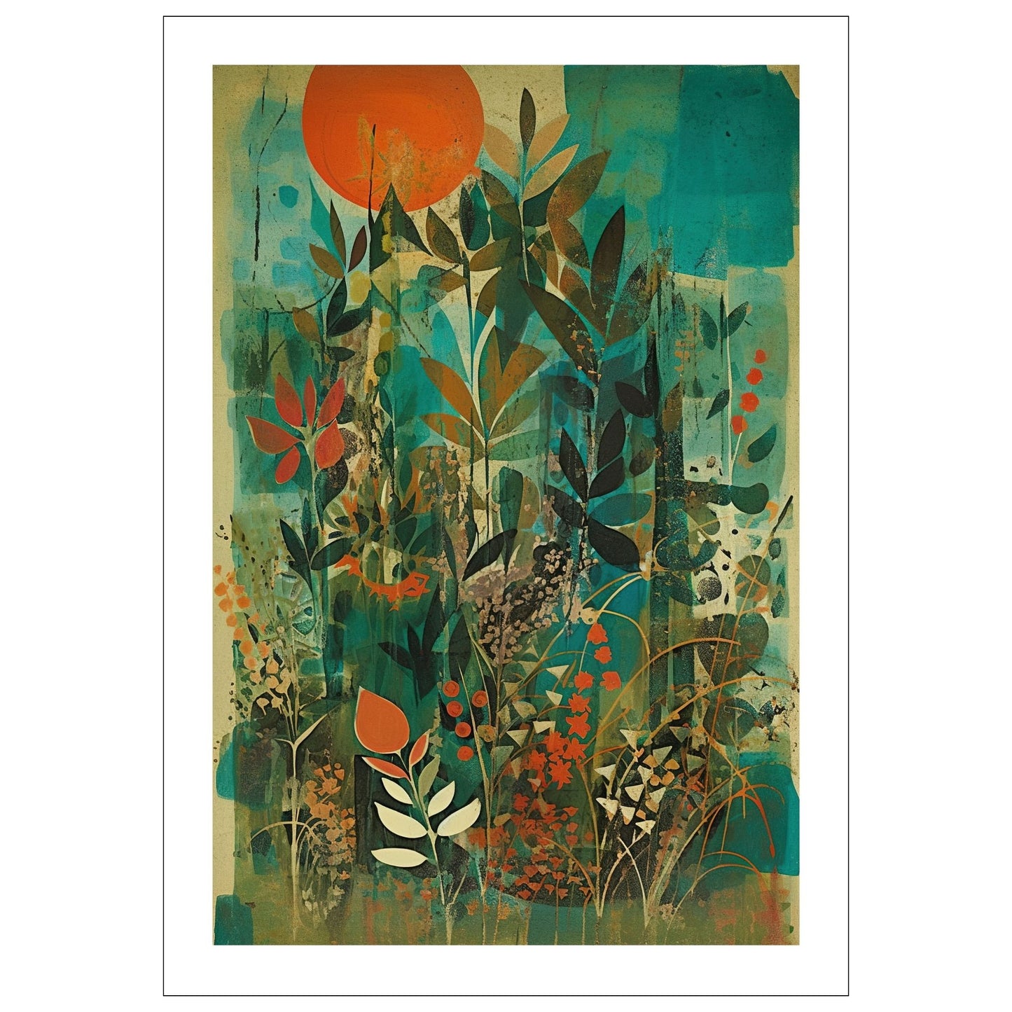 Floral Art No4 - Grafisk maleri i grønn, oransje og brune fargetoner. Plakat og lerret.