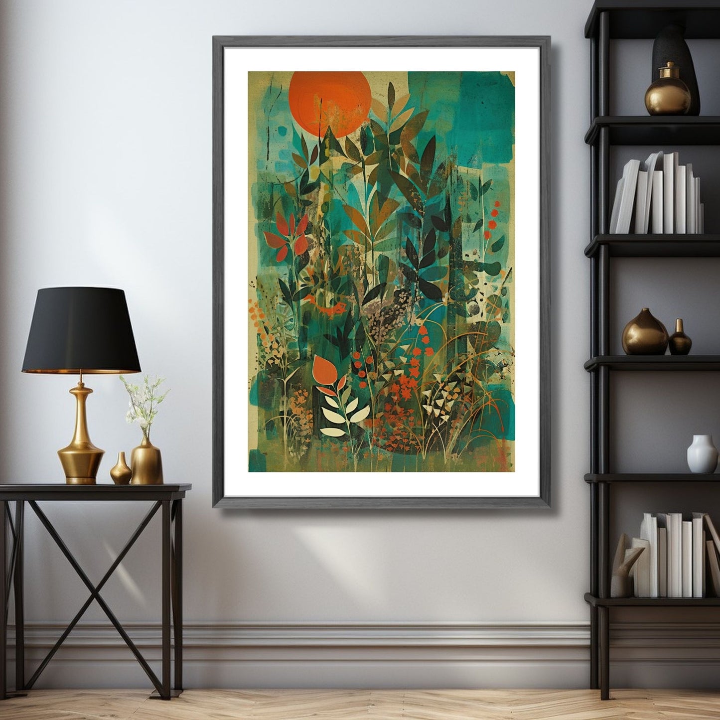 Floral Art No4 - Grafisk maleri i grønn, oransje og brune fargetoner. Illustransjonsbildet viser motivet som plakat i mørk ramme.