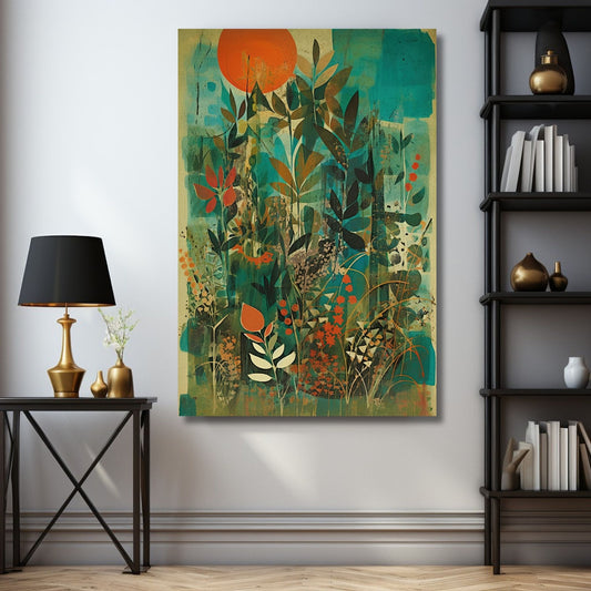 Floral Art No4 - Grafisk maleri i grønn, oransje og brune fargetoner. Illustransjonsbildet viser motivet på lerret.