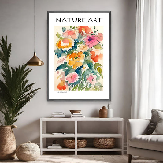 grafisk akvarell med abstrakte og fargerike blomstermotiver. Illustrasjonsfoto viser lakat i sort ramme som henger på en vegg på en stue.