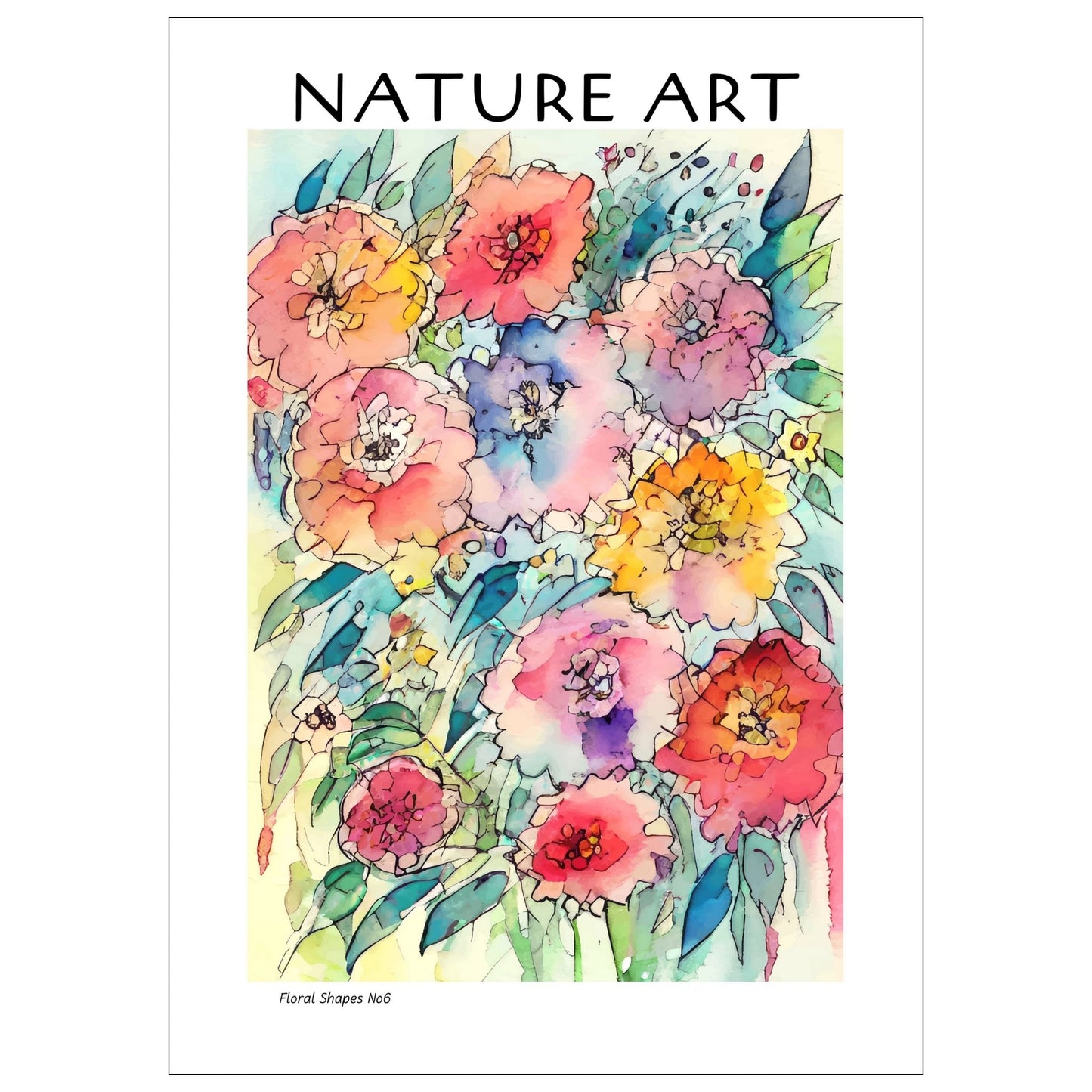grafisk akvarell med abstrakte og fargerike blomstermotiver. Illustrasjonsfoto viser lakat i sort ramme som henger på en vegg på en stue.