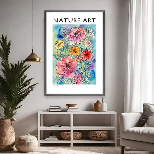 grafisk akvarell med abstrakte og fargerike blomstermotiver. Illustrasjonsfoto viser lakat i sort ramme som henger på en vegg på en stue.