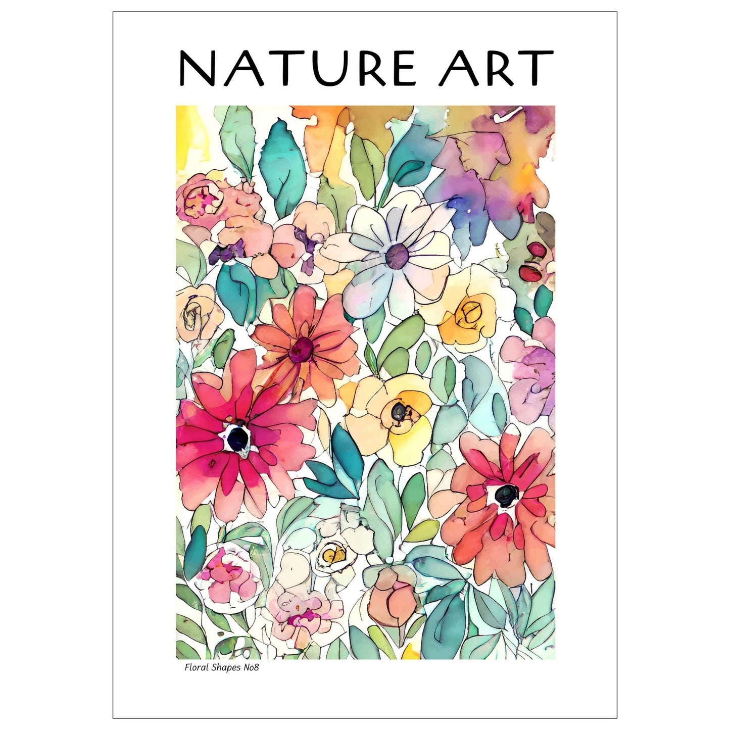 grafisk akvarell med abstrakte og fargerike blomstermotiver.