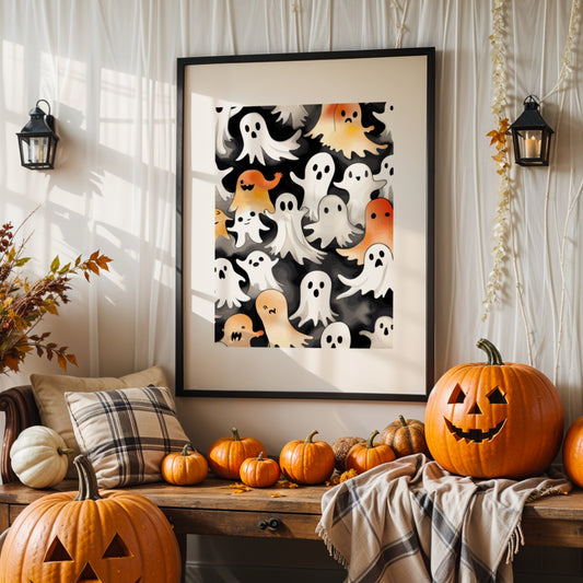 Gi hjemmet ditt et leken og festlig preg denne Halloween med Friendly Ghost Parade, en Halloween-plakat fylt med sjarmerende spøkelser i en rekke uttrykk og farger. Illustrasjon viser plakat med passepartout i sort ramme.