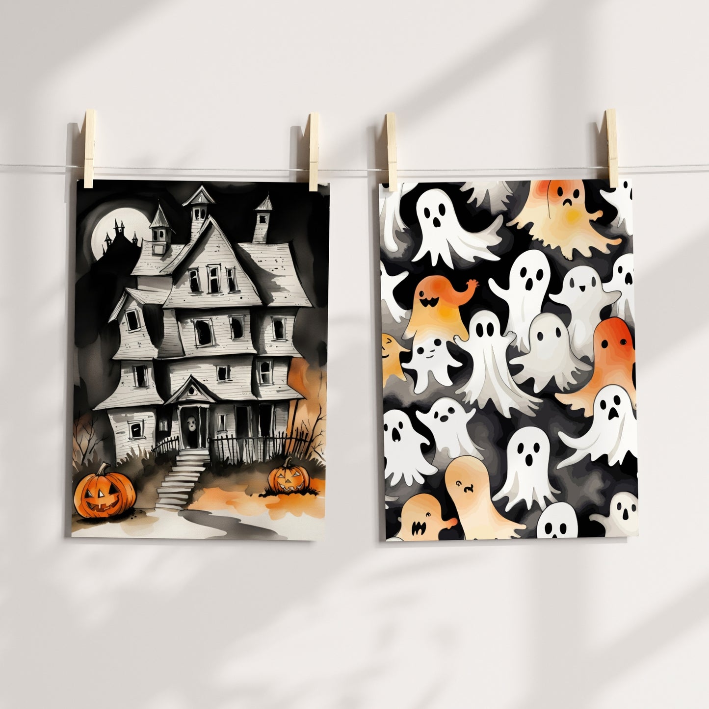 Gi hjemmet ditt et leken og festlig preg denne Halloween med Friendly Ghost Parade, en Halloween-plakat fylt med sjarmerende spøkelser i en rekke uttrykk og farger. Illustrasjon viser plakat på print hengt opp med klyper på en snor.