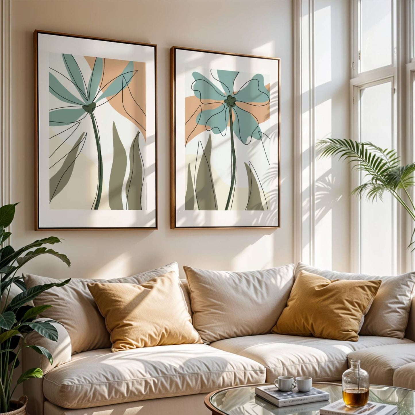 Funky Line Flora Collection er en moderne plakatserie som kombinerer botaniske elementer med abstrakt line art og harmoniske jordtoner. Illustrasjonen viser No1 og 3 i rammer med passepartout.
