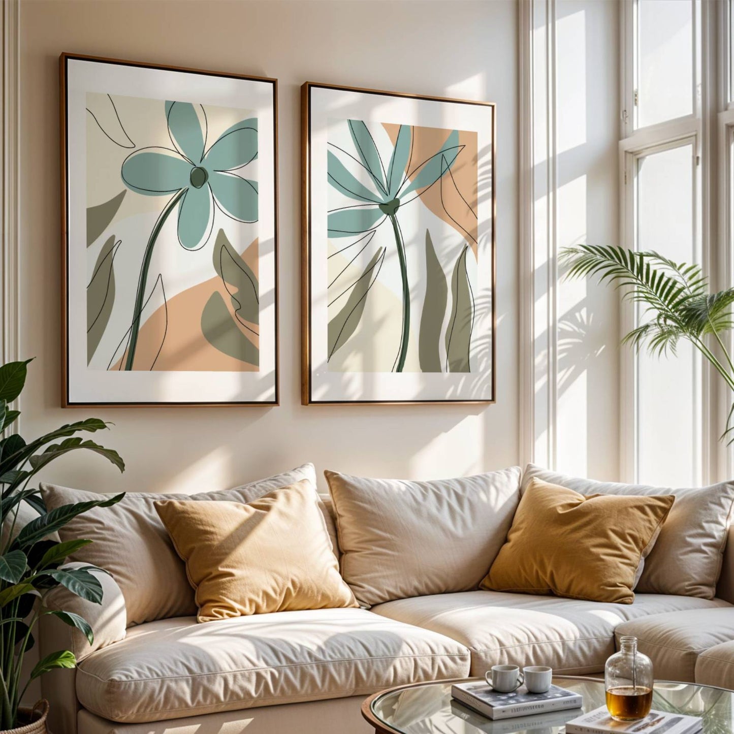 Funky Line Flora Collection er en moderne plakatserie som kombinerer botaniske elementer med abstrakt line art og harmoniske jordtoner. Illustrasjonen viser No2 og 3 i rammer med passepartout.