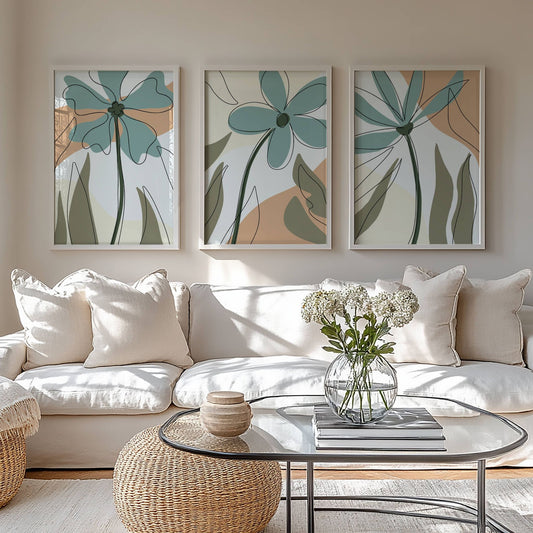 Funky Line Flora Collection er en moderne plakatserie som kombinerer botaniske elementer med abstrakt line art og harmoniske jordtoner. Illusrasjon viser plakatene uten hvit kanklinje i hvite rammer.