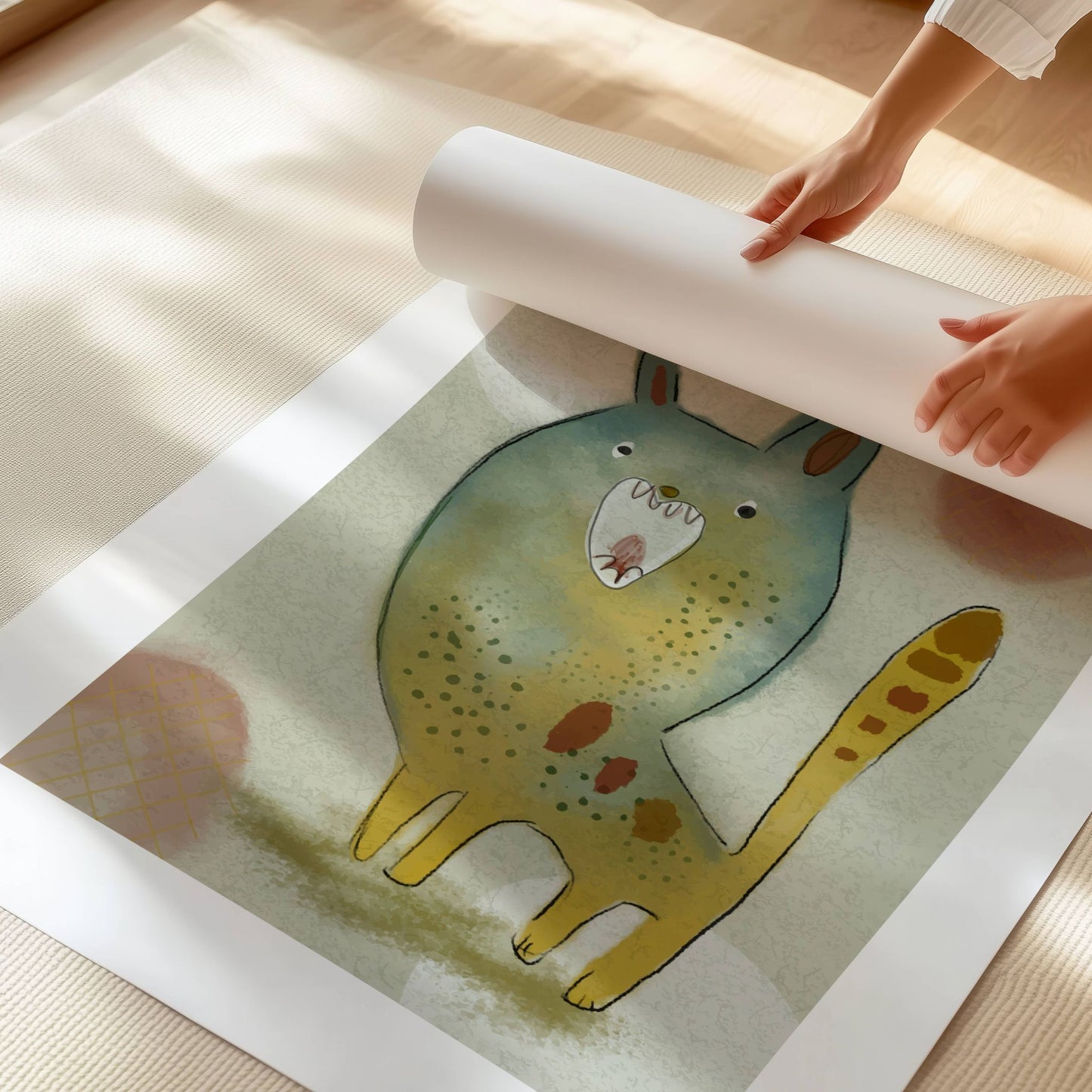 "Mystisk Pusekatt" er en sjarmerende plakat som blander fantasi med naturinspirert estetikk. Illustrasjon viser plakat på print.