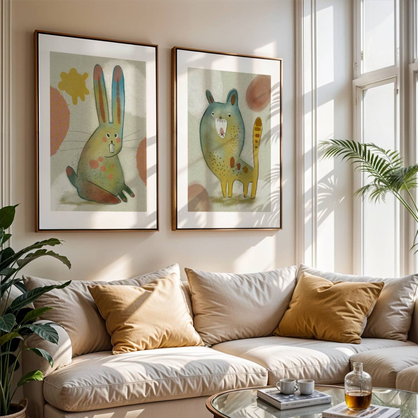 Fantasidyret og Den Magiske Kaninen fra serien Fantasi og Fauna i rammer på en vegg.