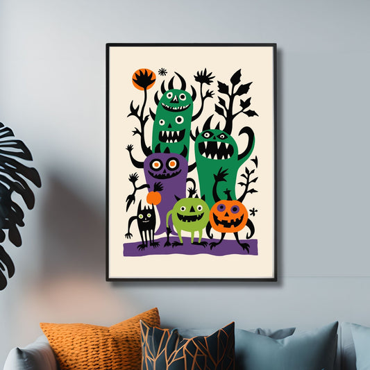 Halloween Monsterplakaten fylt med morsomme og fargerike monstre i lilla, grønt, svart og oransje, alle med skremmende smil og skumle uttrykk. Illusatrasjonsfoto viser plakat i sort ramme.