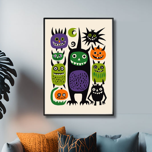 Morsomme og fargerike halloween monstre i lilla, grønt, svart og oransje, som alle har brede, skremmende smil og skumle uttrykk. Illustrasjonsfoto viser plakat i sort ramme.