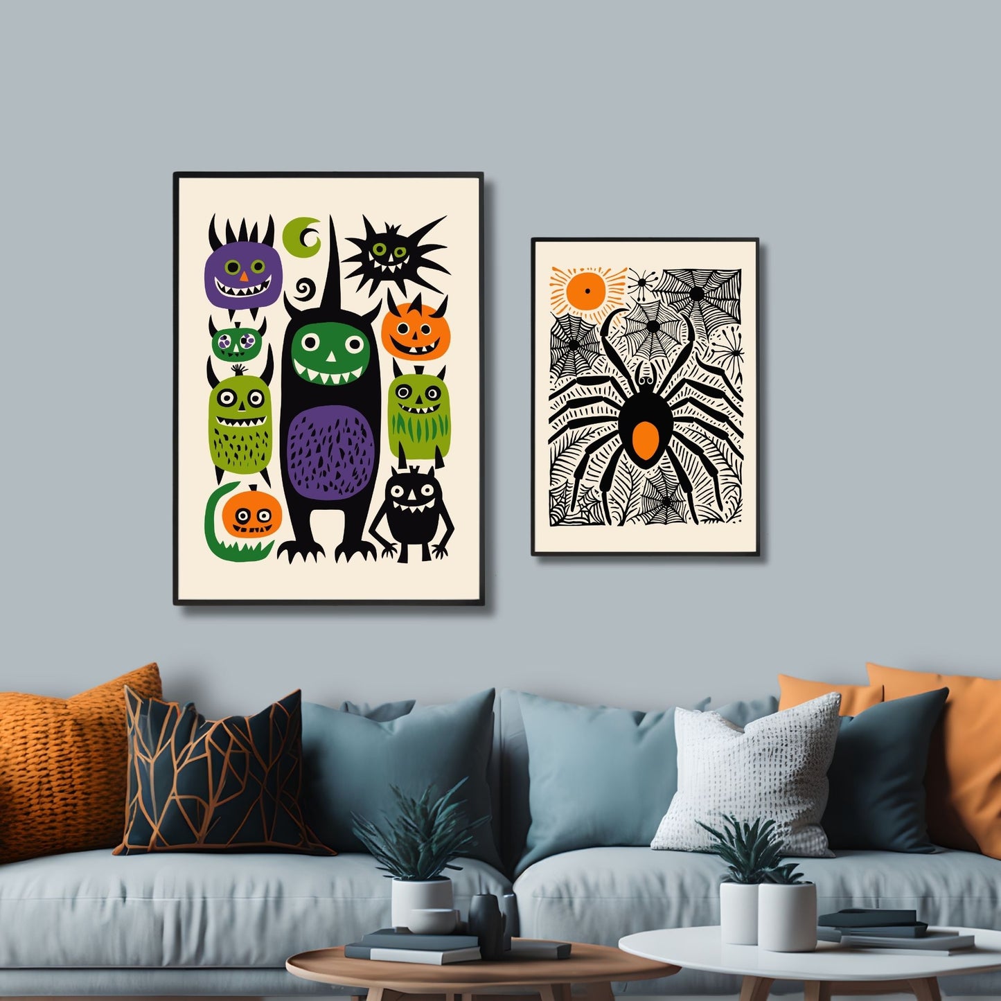 Morsomme og fargerike halloween monstre i lilla, grønt, svart og oransje, som alle har brede, skremmende smil og skumle uttrykk. Illustrasjonsfoto viser plakat i sort ramme.
