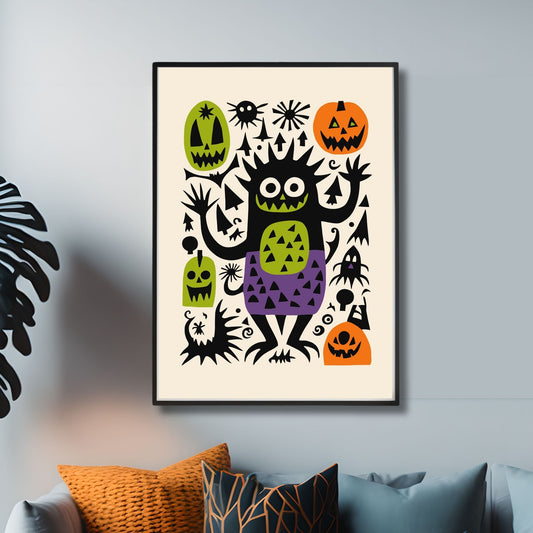 Halloween Monsterplakat fylt med livlige farger og morsomme Halloween-ikoner, inkludert monstre, gresskar og spøkelser. Illustrasjonsfoto viser plakat i sort ramme.