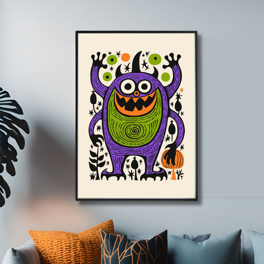 Morsomt monster med et bredt smil, omgitt av symbolske Halloween-detaljer som gresskar og skumle blomster. Illustrasjonsfoto viser plakat i sort ramme.