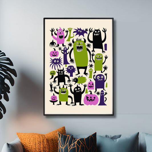 Livlige plakat full av fargerike og kreative monstre som vekker både smil og skrekk. Illustrasjonsfoto viser plakat i sort ramme.