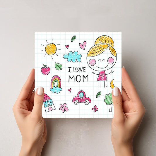 Dette lekne og fargerike kortet uttrykker kjærlighet på en kreativ og morsom måte. Med håndtegnede elementer som hjerter, sol, regnbue, og teksten "I ❤️ MOM".