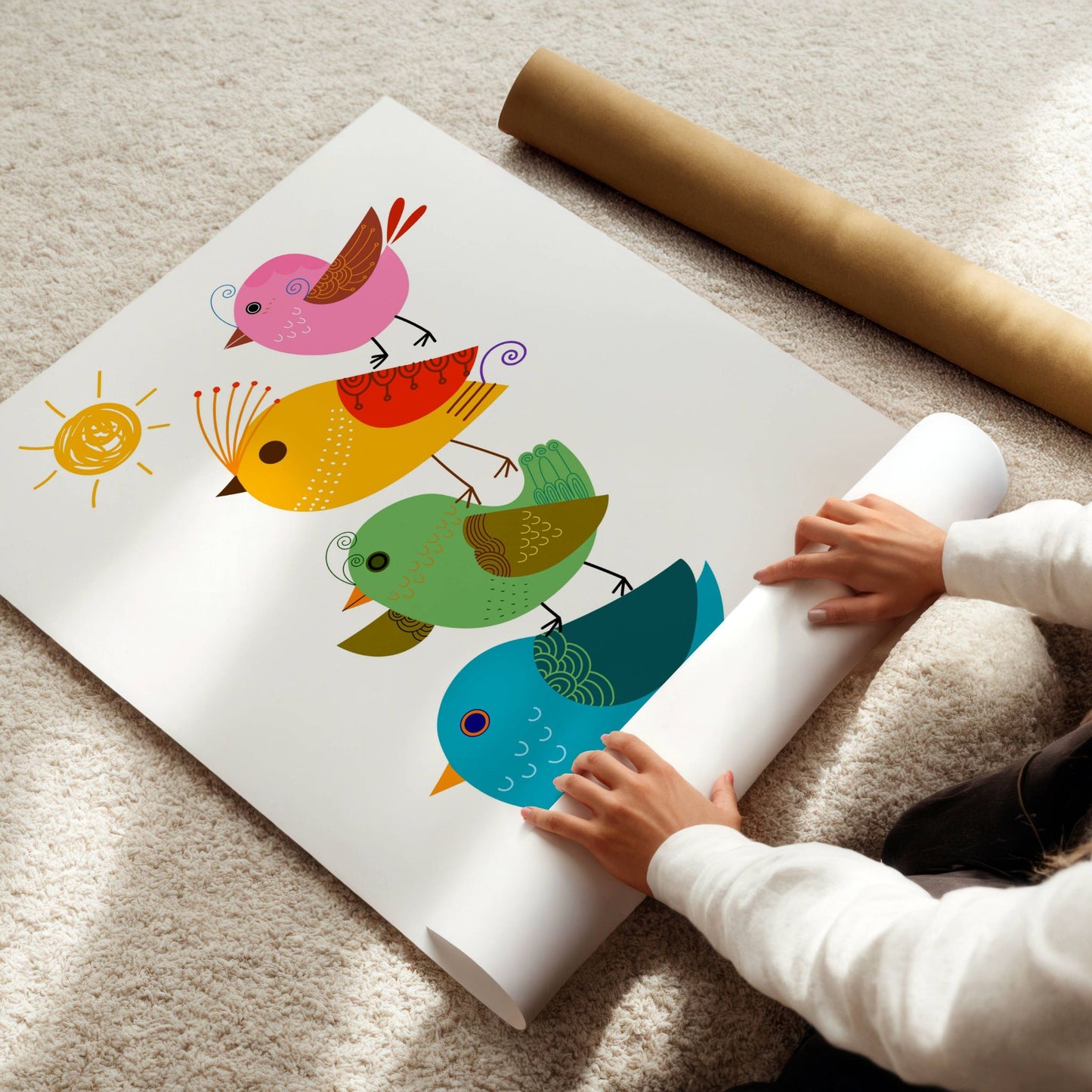 Fargerike Fuglevenner – Plakat er en sprudlende og leken illustrasjon med fem søte fugler stablet oppå hverandre under en smilende sol. Illustrasjon viser plakat på print.