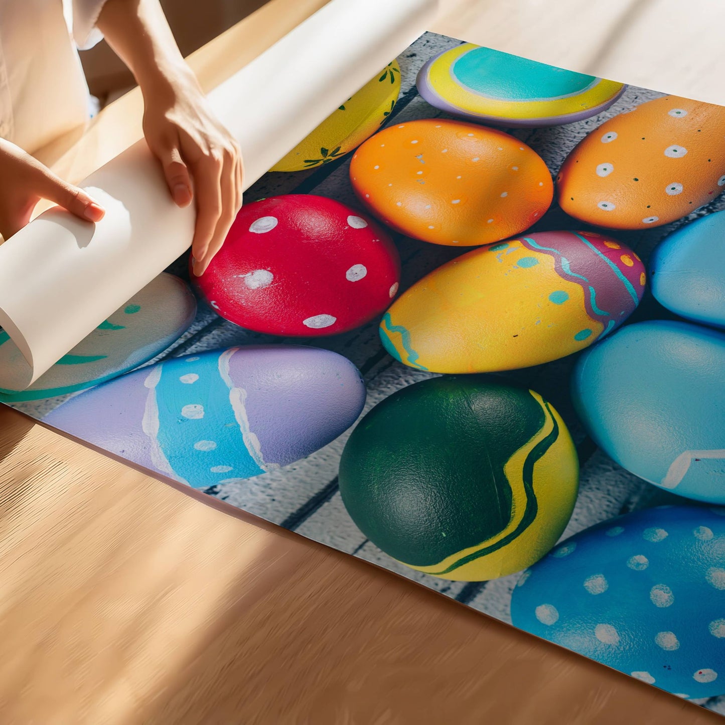 Dette sprudlende motivet viser håndmalte påskeegg i et variert spekter av sterke og glade farger, perfekt for å tilføre energi og vårglede til hjemmet ditt. Illustrasjon viser plakat på print.