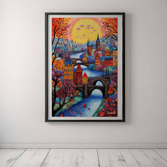 En fargerik og livlig illustrasjon av Praha ved solnedgang med Karlsbroen i sentrum. Illustrasjon viser plakat med hvit kant i sort ramme.