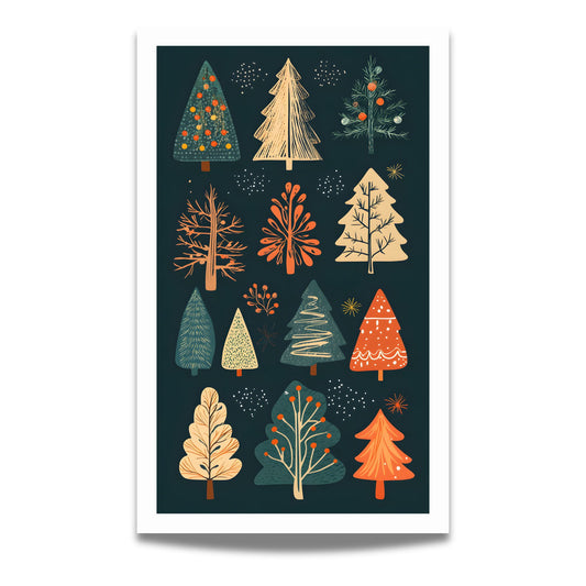 Oppdag magien i vår "Festlig Skog" plakat og lerret – en sjarmerende samling av håndtegnede juletrær som gir en varm og koselig atmosfære til hjemmet ditt i juletiden.