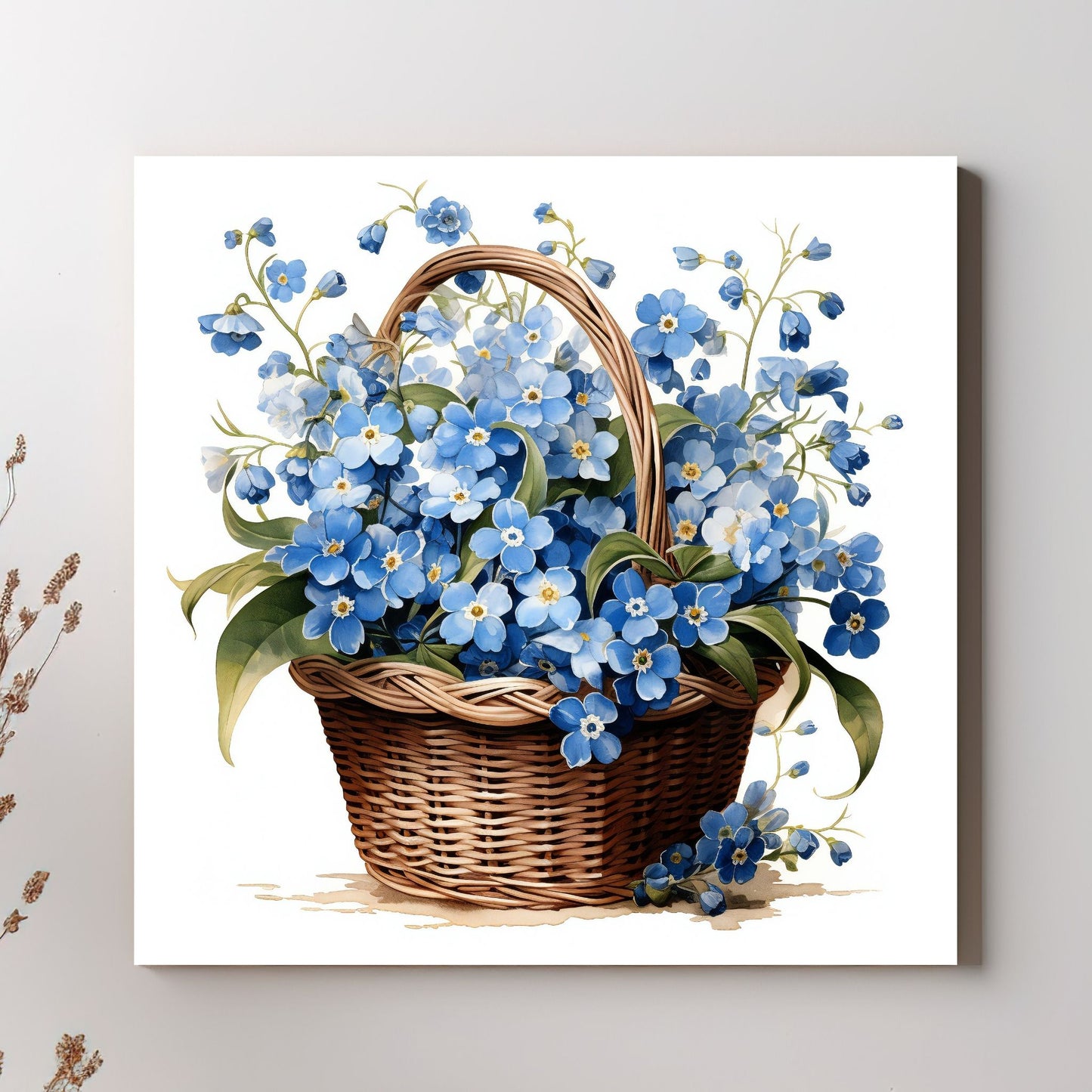 Grafisk motiv av fioler i en flettet kurd. Miljøbildet viser motivet på lerret.