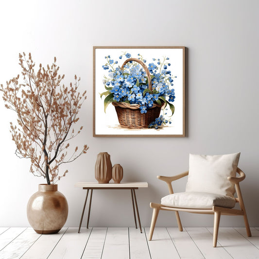 Grafisk motiv av fioler i en flettet kurd. Miljøbildet viser motivet som plakat i en ramme av eik.