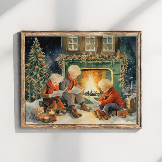 Tre barn sitter ved den sprakende grua, pakker ligger klare og juletreet skinner ute i snøen. illustrasjon viser plakat uten hvit kant i ramme.