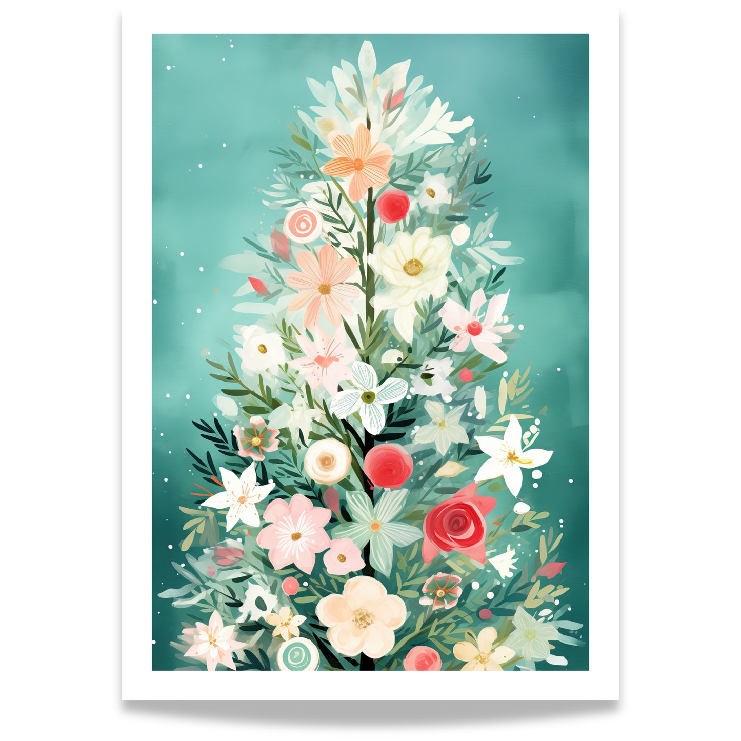 Et poetisk juletre satt sammen av blomster i vinterlige pasteller – et elegant møte mellom natur og høytid