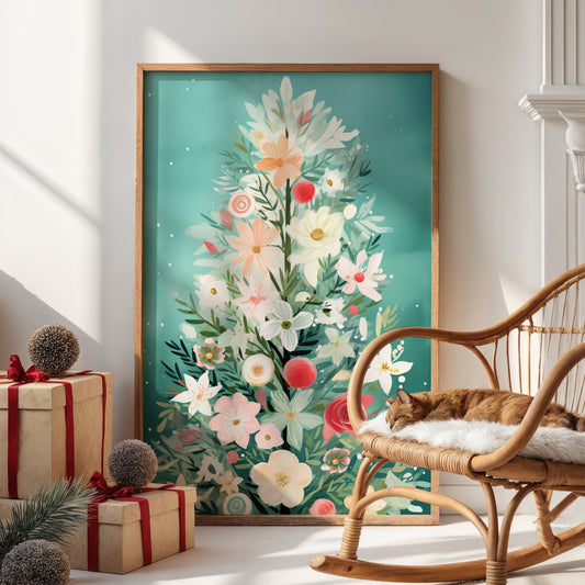 Et poetisk juletre satt sammen av blomster i vinterlige pasteller – et elegant møte mellom natur og høytid. Illustrasjon viser plakat uten hvit kantlinje i ramme.