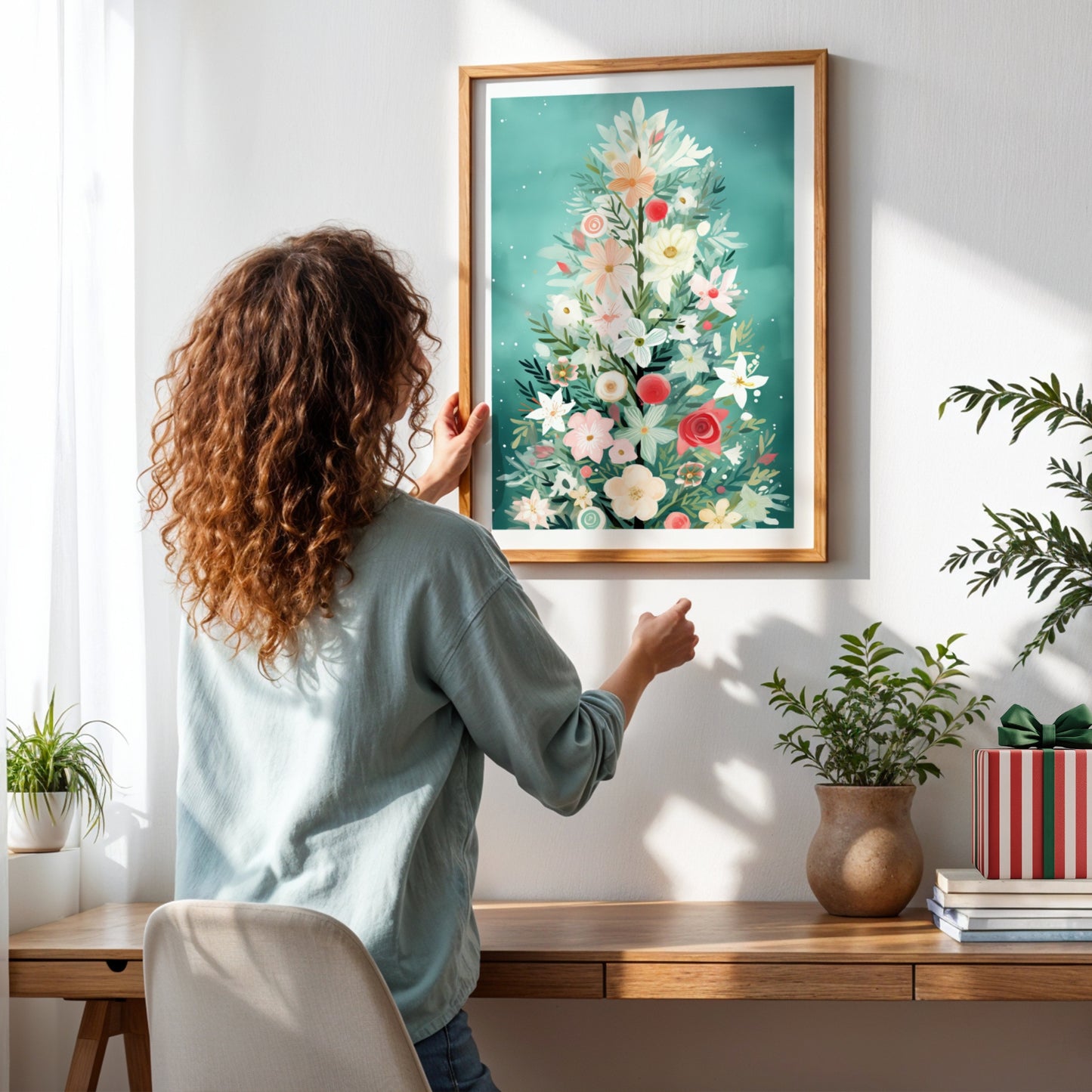 Et poetisk juletre satt sammen av blomster i vinterlige pasteller – et elegant møte mellom natur og høytid. Illustrasjon viser plakat med hvit kantlinje i ramme.