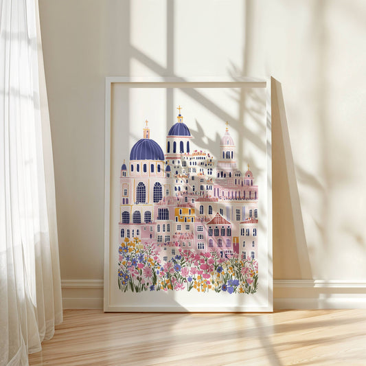 Floral Cityscape er en livlig kunstplakat og lerret som kombinerer storbyens arkitektoniske prakt med en eksplosjon av blomstrende farger. Illustrasjon viser motivet som plakat med hvit kantlinje i ramme