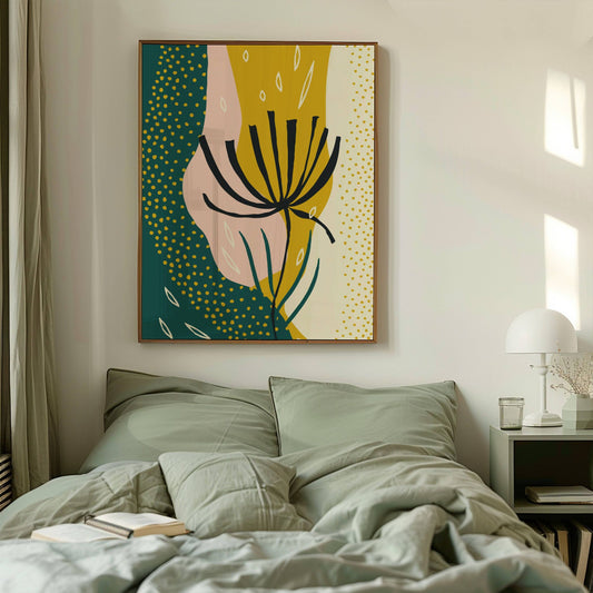 Floral Groove Collection No2 – plakat er en del av en fargerik og moderne serie inspirert av stilisert botanikk og abstrakte former. Illustrasjon viser plakat i ramme over en seng.