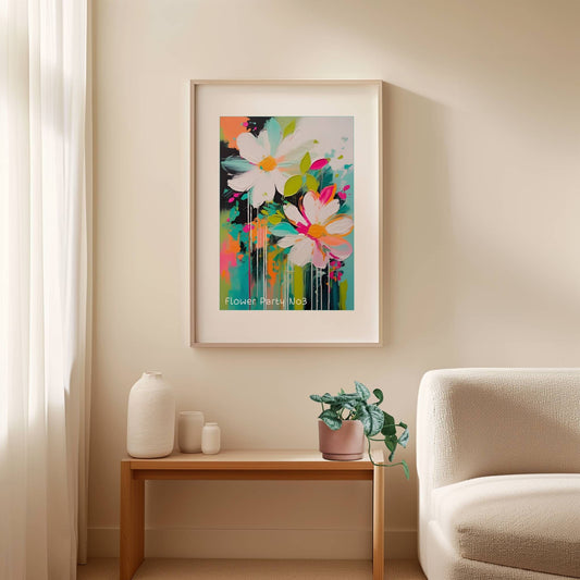 Flower Party No3 – Plakat er et moderne og livlig kunstverk med abstrakte blomster og dynamiske penselstrøk. Illustrasjon viser plakat i lys ramme.