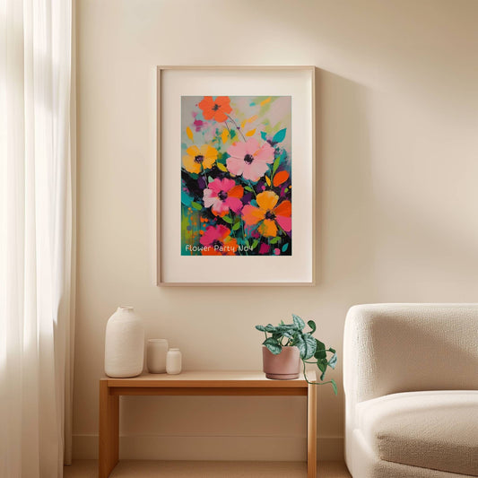 Flower Party No4 – Plakat er et levende kunstverk fylt med dynamiske penselstrøk og sterke kontraster, perfekt for deg som ønsker en moderne og energisk veggdekorasjon. Illustrasjon viser plakat i lys ramme.