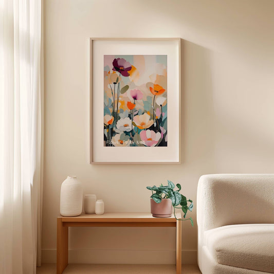 Dette kunstverket kombinerer myke pastellfarger med stiliserte blomster og en beroligende fargepalett. Illustrasjon viser plakat i lys ramme.