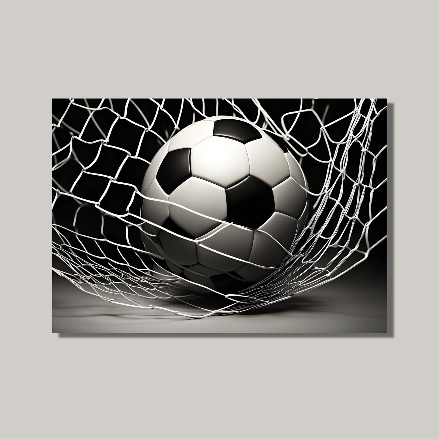 Grafisk motiv av en fotball i nettet. Illustrasjon viser plakat som lerret på en vegg.