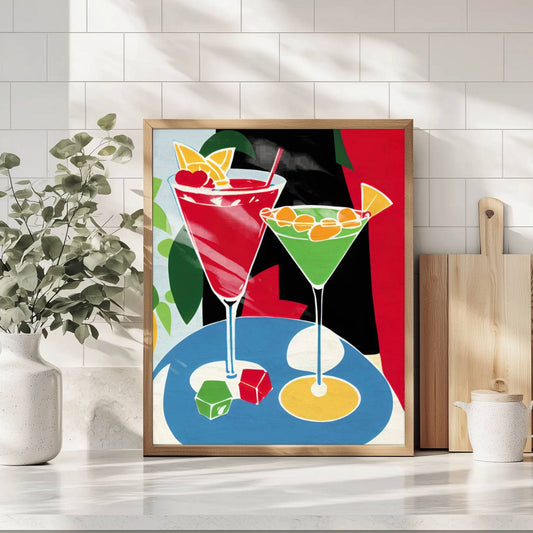 Fruktige Favoritter er en cocktailplakat i moderne kunststil som sprudler av energi og kontrast. Illustrasjon viser plakat i eik ramme.