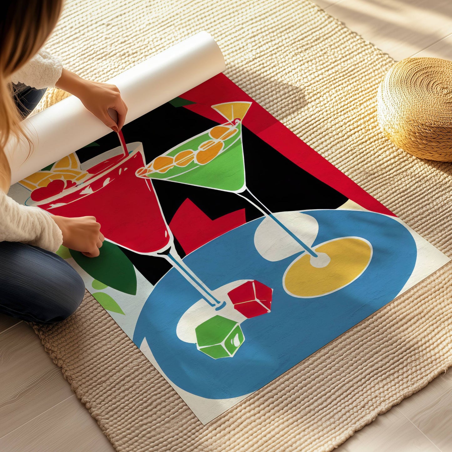 Fruktige Favoritter er en cocktailplakat i moderne kunststil som sprudler av energi og kontrast. Illustrasjon viser plakat på print.