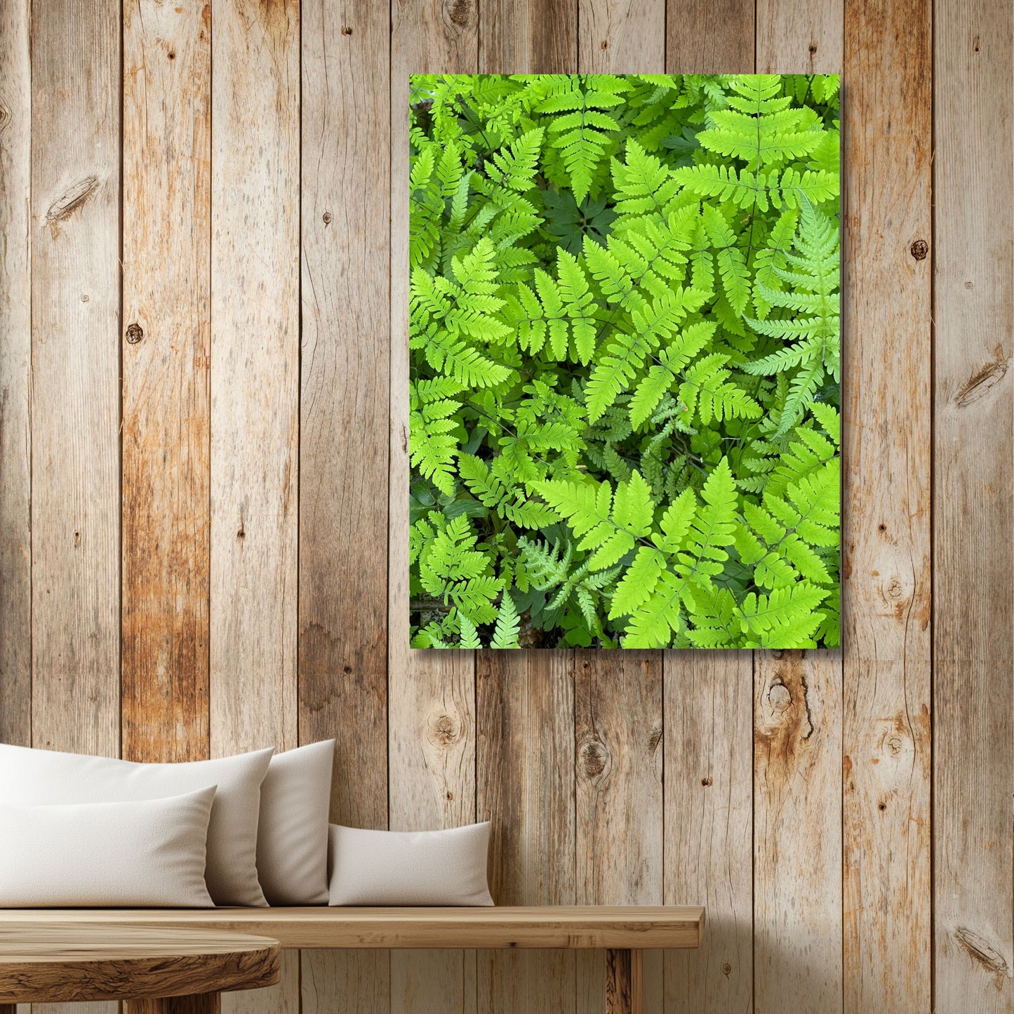 Fugletelg – Skogens Geometri er et detaljrikt nærbilde av frodig, vill telg fra skogbunnen i Trøndelag. Illustrasjonen viser motivet som lerret.