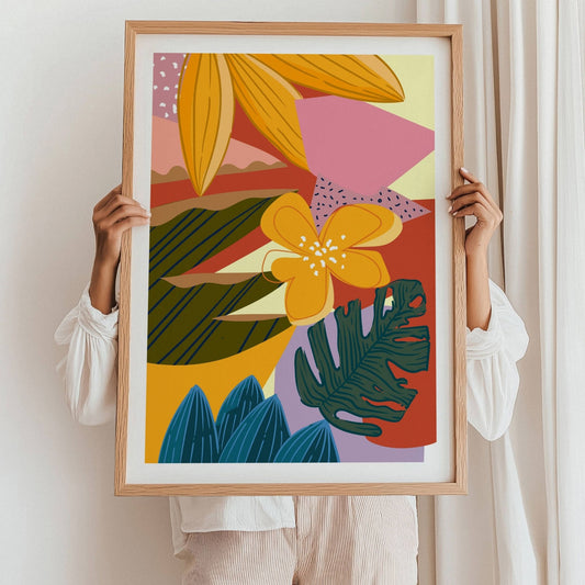 Funky Flora Fargerike Plakat er en leken og energisk plakatserie som hyller farger, former og kreativ frihet. Illustrasjon viser plakat med hvit kantlinje i eik ramme.