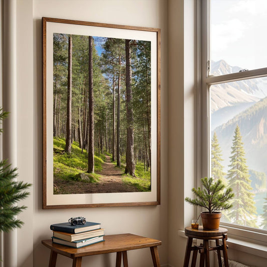 Furuskogen – Stien gjennom Stillheten er et stemningsfullt motiv fra furuskogen i Steinkjer. Illustrasjon viser motivet med hvit kantlinje i eik ramme.